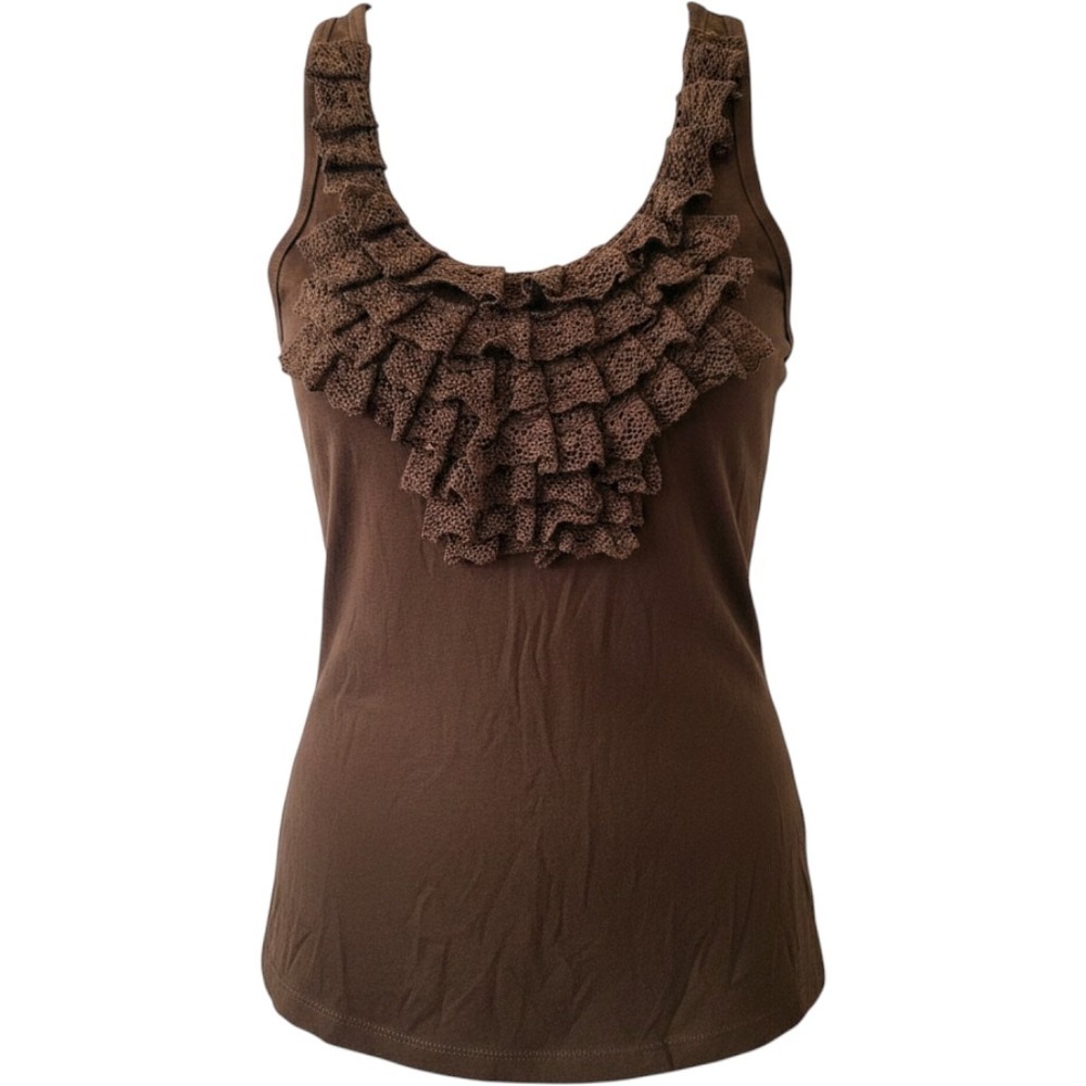 Zinc Brown Crochet Ruffle Bib Tank Top Sleeveless Rayon Blouse size Large, Funky